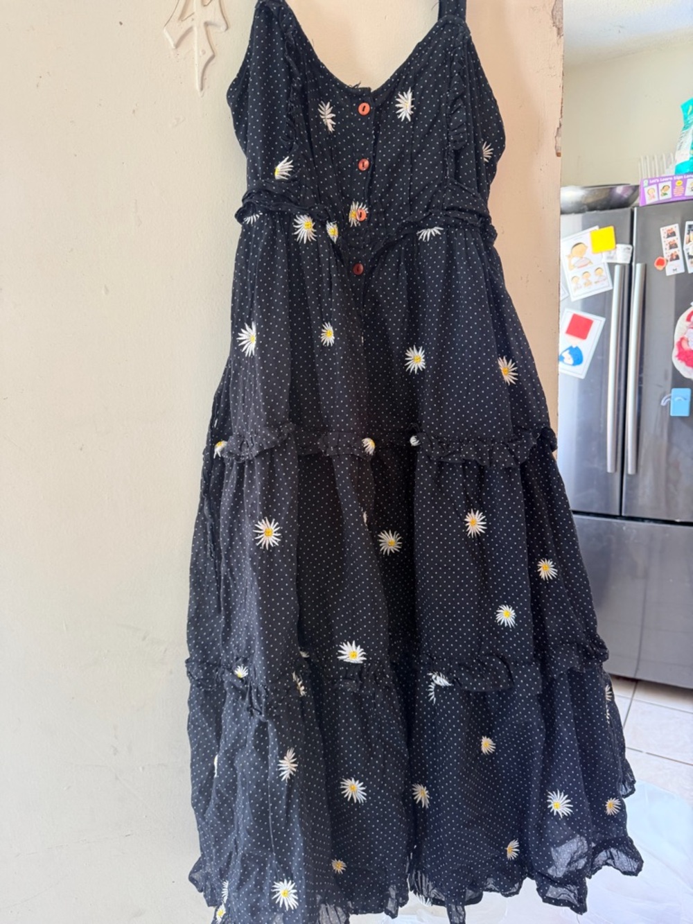 Free People Black Daisy Tiered Sundress with White & Yellow Accents